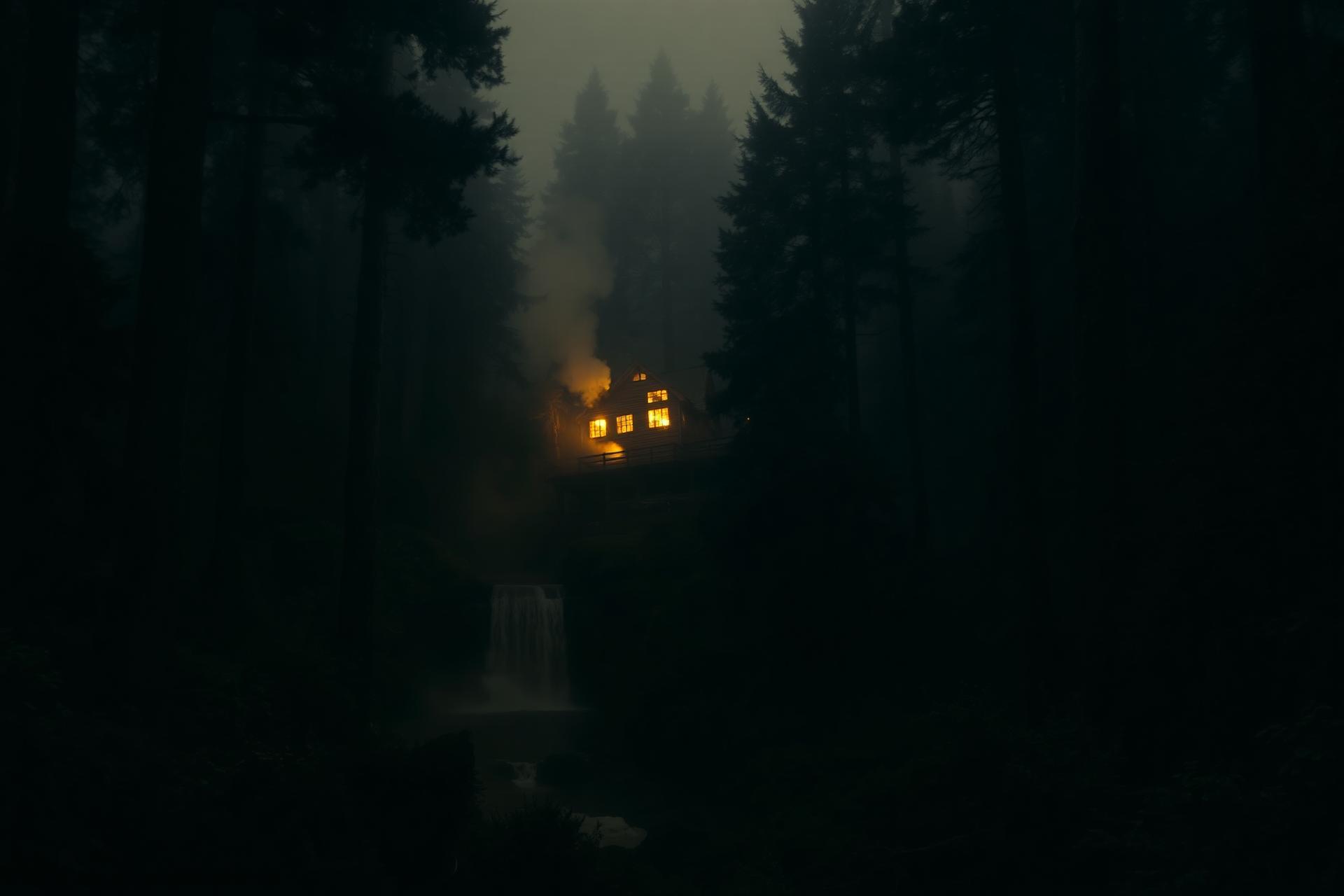 A softly lit cabin beside a waterfall in a mystical forest